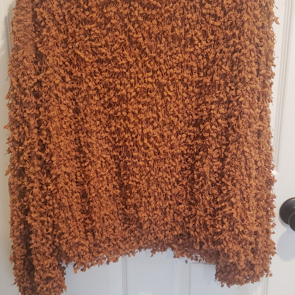 Boat neck camel colored shaggy sweater.